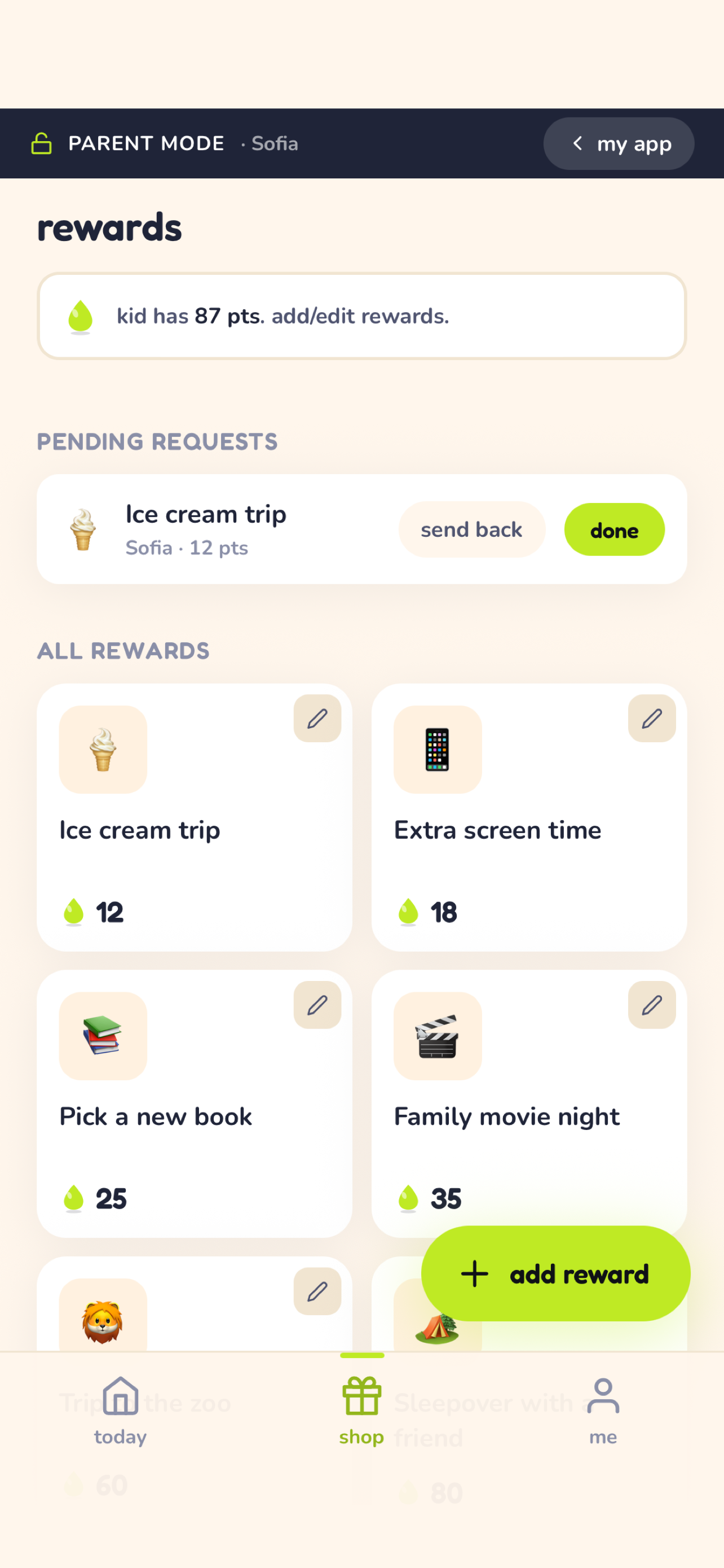 Rewards shop and a pending request